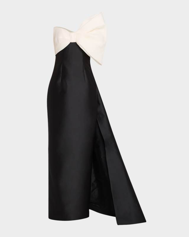 Asymmetric Draped Strapless Bow Column Gown